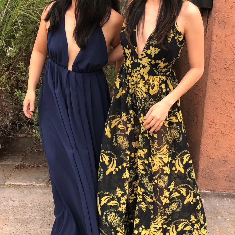 Mustard yellow and royal blue floral Bebe dress